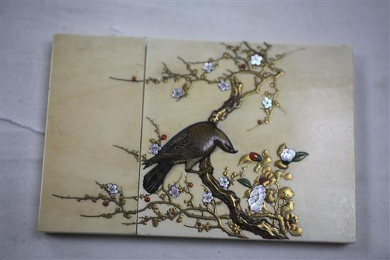 A fine Japanese ivory shibayama and lacquer card case, Meiji period, 11.4cm, age cracks